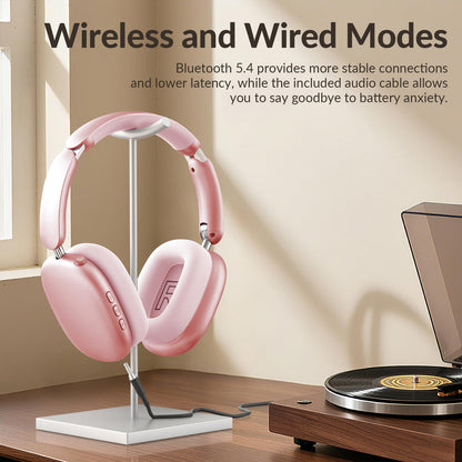 Wentronic Y02 Active Noise Cancelling Headphones,60H Battery,5 EQ Music Modes,Hi-Res Audio,Deep Bass,Foldable Wireless Over Ear Bluetooth 5.4 Headset,Breathable Leather Earpads (Pink)