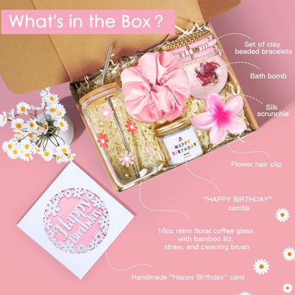iAOVUEBY Birthday Gifts for Women, Teen Girl Gifts, Birthday Gift for Her, Happy Bday Gift Box for Girl, Women, Sister, Daughter, Best Friend, Friendship, Cute Daisy Glass Cup Set 7PCS, 16oz, Pink