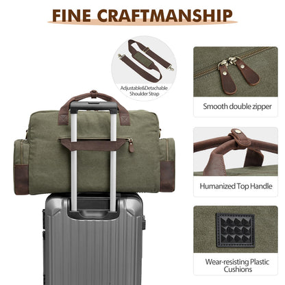 S-ZONE Large Canvas Travel Duffel Bag Weekend Overnight Bag Carry on Leather Trim Holdall Gym Bag with Multi-Pockets for Men and Women, Army Green