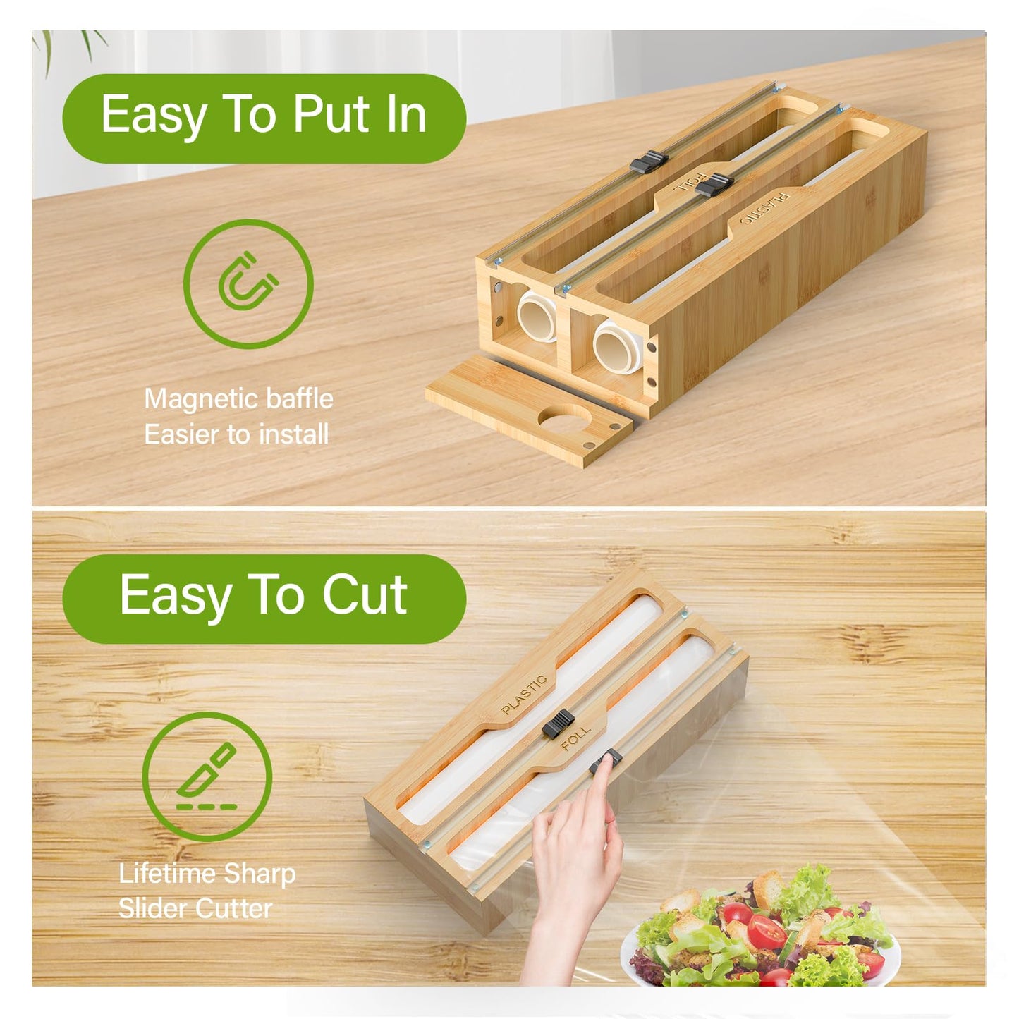 KOCWELL Bag Organizer and Plastic Wrap Dispenser with Cutter, 6 In 1 Bamboo Foil and Plastic Wrap Organizer for Kitchen Drawer, Food Storage Bag Organizer for Gallon,Quart,Sandwich,Snack(Yellow)