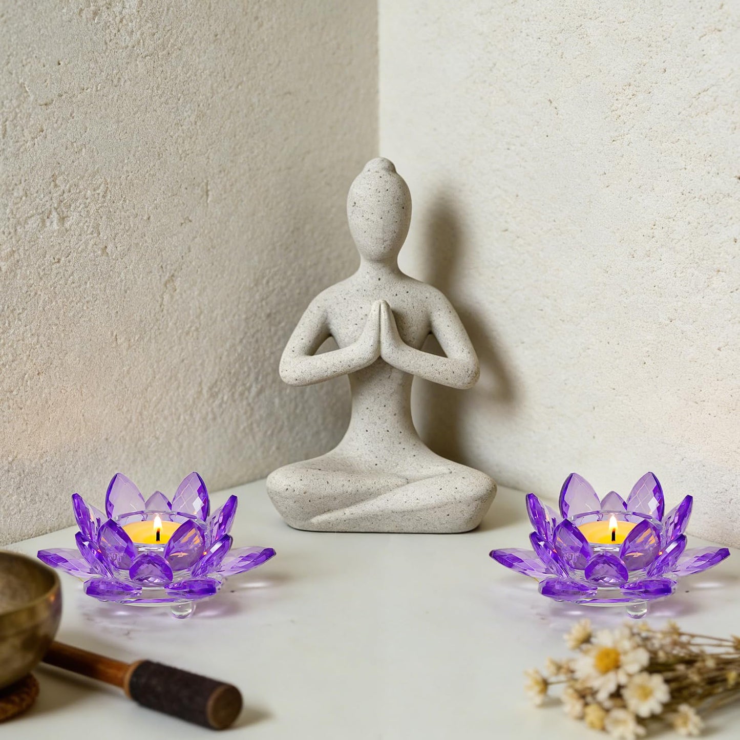 Kolnlala 2 Pcs Purple Crystal Lotus Flower Tealight Candle Holder | Glass Votive Candlestick Decor for Home, Wedding, Party & Christmas Table Centerpieces