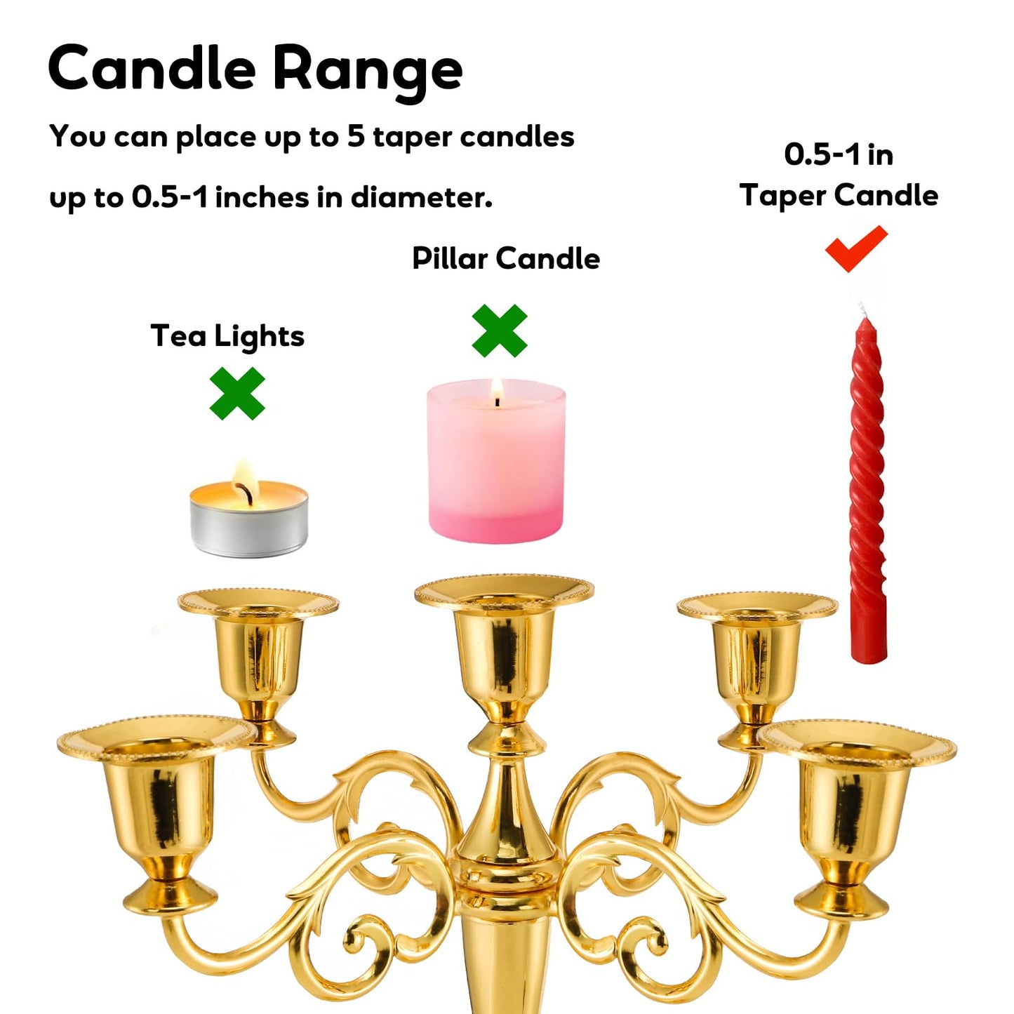 YOUEON 5 Arm Gold Candelabra, Candelabra Candle Holder, 10 Inch Tall Candlesticks Holder, Elegant Taper Candle Holder Centerpiece for Wedding, Church, Halloween, Dining, Home Decor