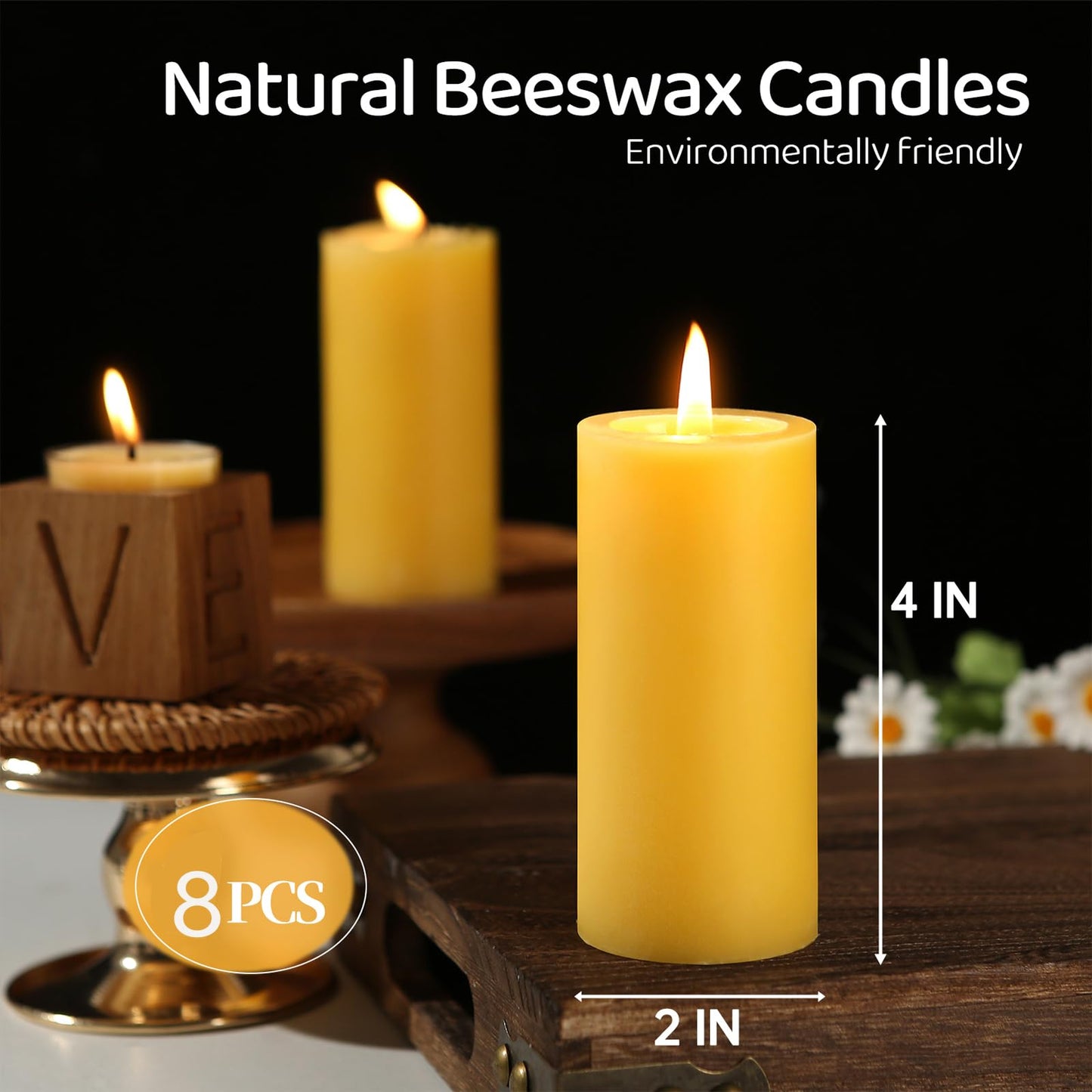 8 Pack Natural Beeswax Pillar Candles,100% Pure Beeswax Candles-280 Hours Long Burning,Unscented Bees Wax Candle for Home,Prayer,Emergency,Dripless Smokeless Organic Bees Wax Candle