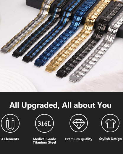Feraco Mens Magnetic Therapy Bracelets Titanium Steel Bracelet with Double Row 4 Elements Magnets,Men's Jewelry for Anniversary Father's Day