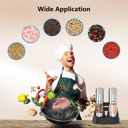Electric Salt and Pepper Grinder Set USB Rechargeable Base, Stainless Steel Automatic Pepper and Salt Shakers with Adjustable Coarseness, LED Light, Ideal Gifts for Housewarming, Parents, Friends