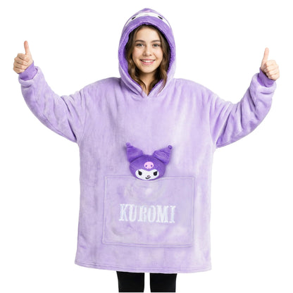 Hello Kitty Sanrio Kuromi Blanket Hoodie Girls, Teens, Kawaii Fleece Wearable Blanket with Plush, Loungewear Gifts for Girls (Purple Kuromi)