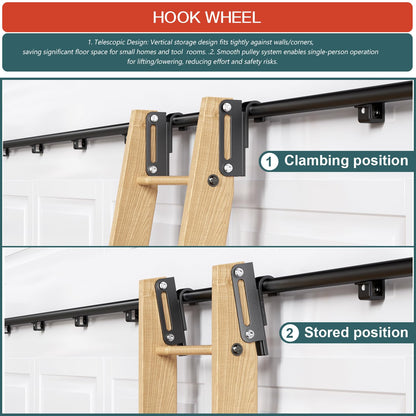 104RDHOUSE 12FT Sliding Library Ladder Hardware Kit,Black Telescopic Top Hook,Bottom Wheel with Brake,MAX Load 300lbs,No Ladder