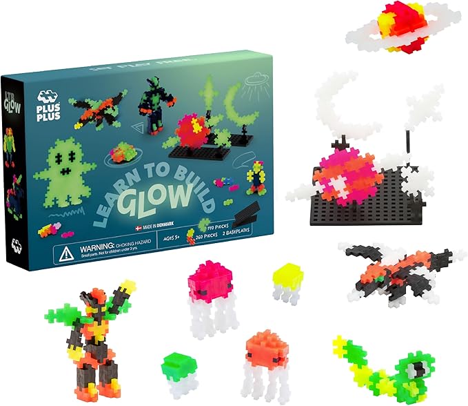 PLUS PLUS Learn to Build Set Interlocking Mini Building Blocks 3D Puzzle Construction Stem Toy for Kids - Glow in The Dark Mix 400 Pieces