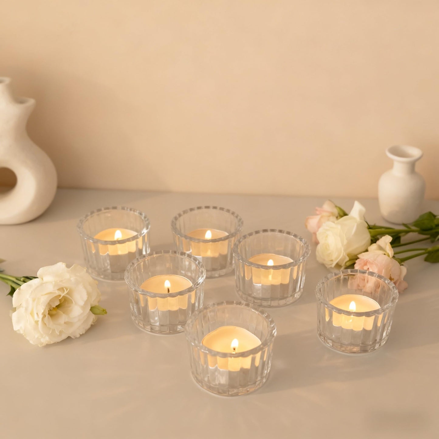 Round Clear Votive Candle Holders Set of 12, Purple Wedding Centerpiece Table Decorations, Mercury Glass Tealight Candle Holder for Bridal Shower, Baby Shower & Home Decor (Clear)
