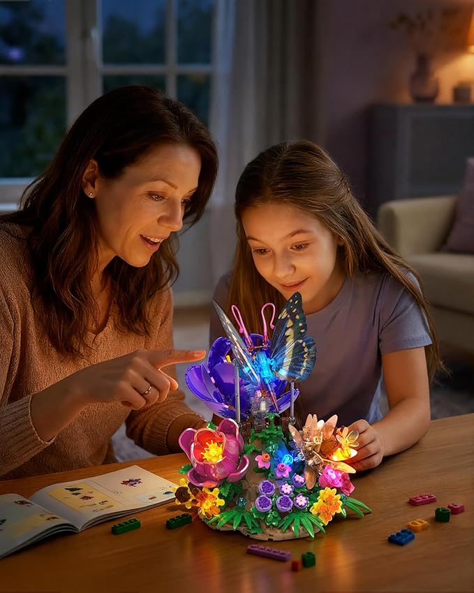 JMBricklayer Butterfly Building Set with Light for Adults Botanical Flowers Collection Building Blocks Set Creative Birthday Valentine's Day Gift for Women Mom Girlfriend Wife