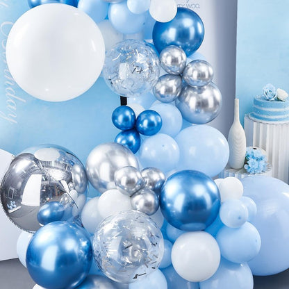 PartyWoo Blue White and Silver Balloon Arch Kit Garland 142pcs Different Sizes of 18 12 10 5 Inch Pastel Metallic Blue White Metallic Silver Confetti Balloons for Baby Shower Party Decorations