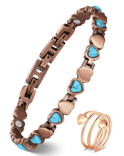 Feraco Pure Copper Bracelets & Rings for Women, Ultra Strength Magnetic Bracelet with 3800 Gauss Magnets & Natural Turquoise, Adjustable, Jewelry Gift (Ocean Heart)