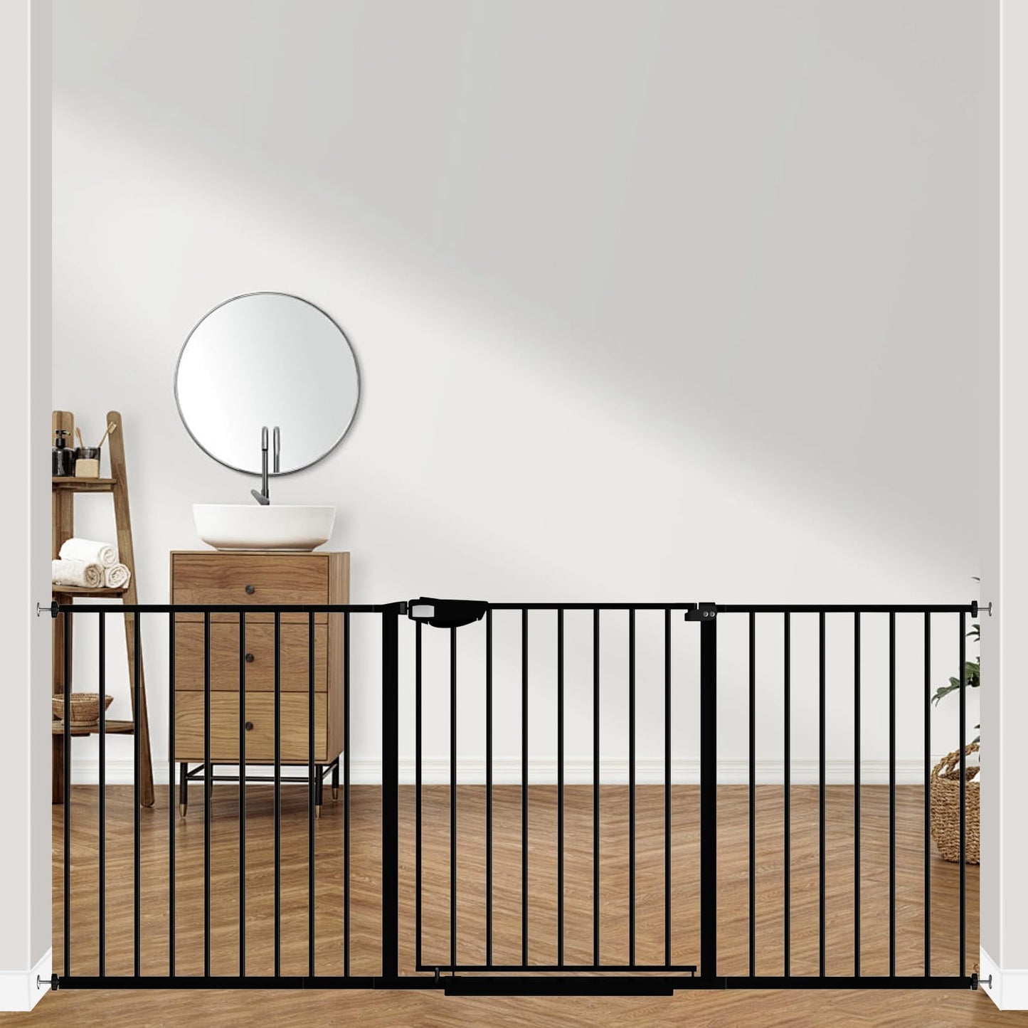 ALLAIBB Triple Lock Extra Wide Baby Gate Pressure Mounted Walk Through Safe Auto Close Black Metal Dog Pet Puppy Cat for Stairs,Doorways,Kitchen 68.11-75.98"