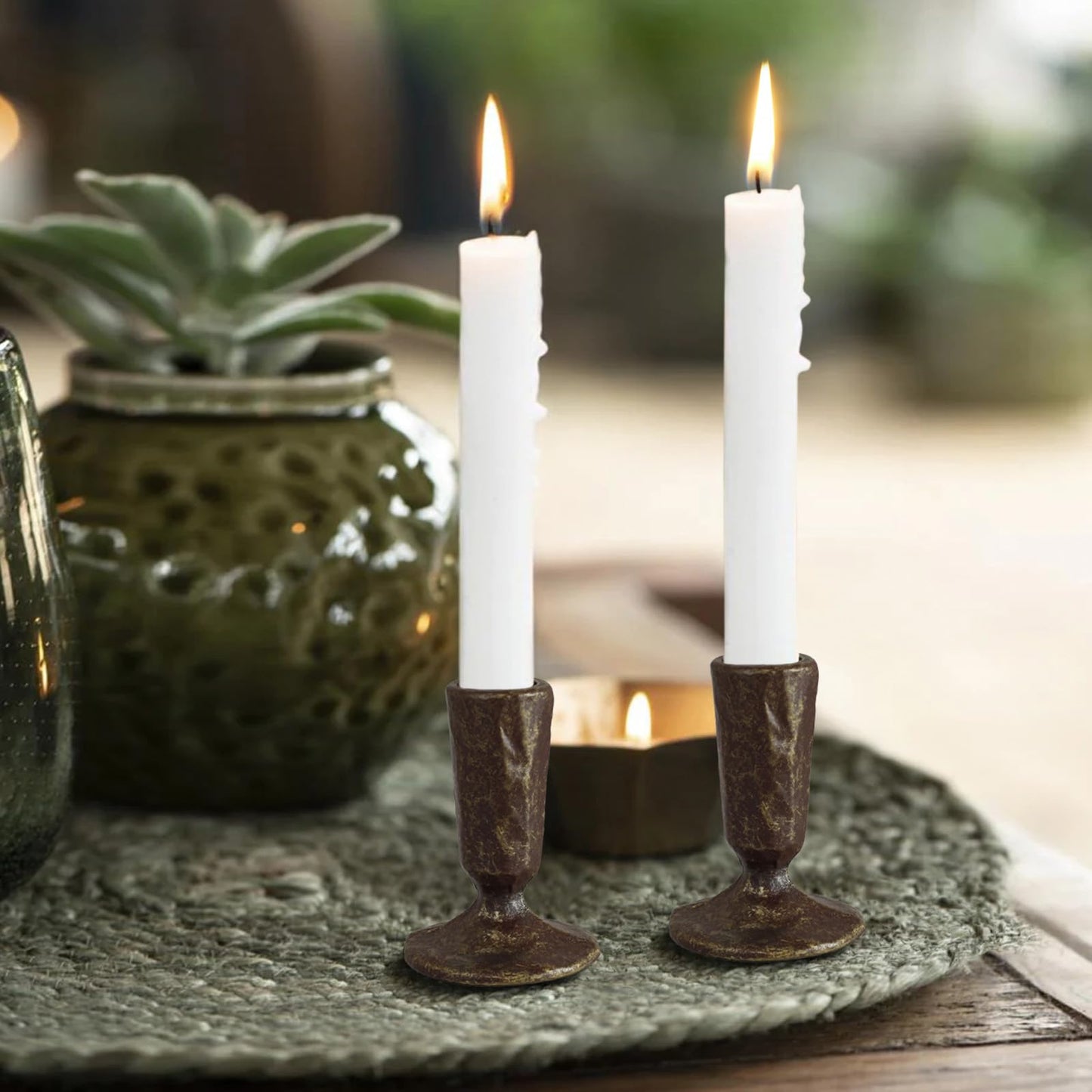 Handcrafted Antique Black & Gold Iron Taper Candle Holders - Set of 2 Elegant Candlesticks for Weddings, Dining, and Parties, Timeless Décor Accent