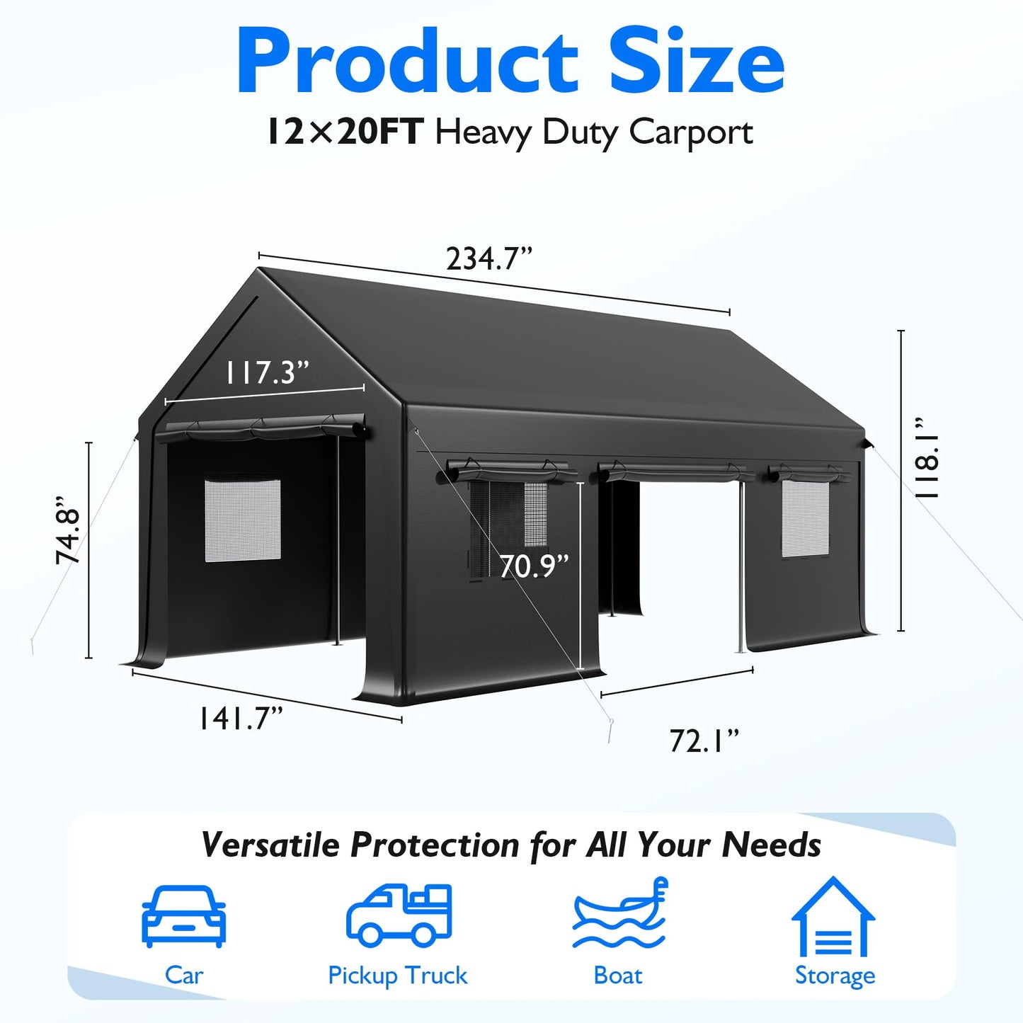 AirWire 12x20 FT Heavy Duty Carport, Portable Car Tent Garage with Roll-Up Windows & Side-Opening Door, Enclosed Car Port Canopy with Reinforced Four-Hole Base for Car, Truck, Boat