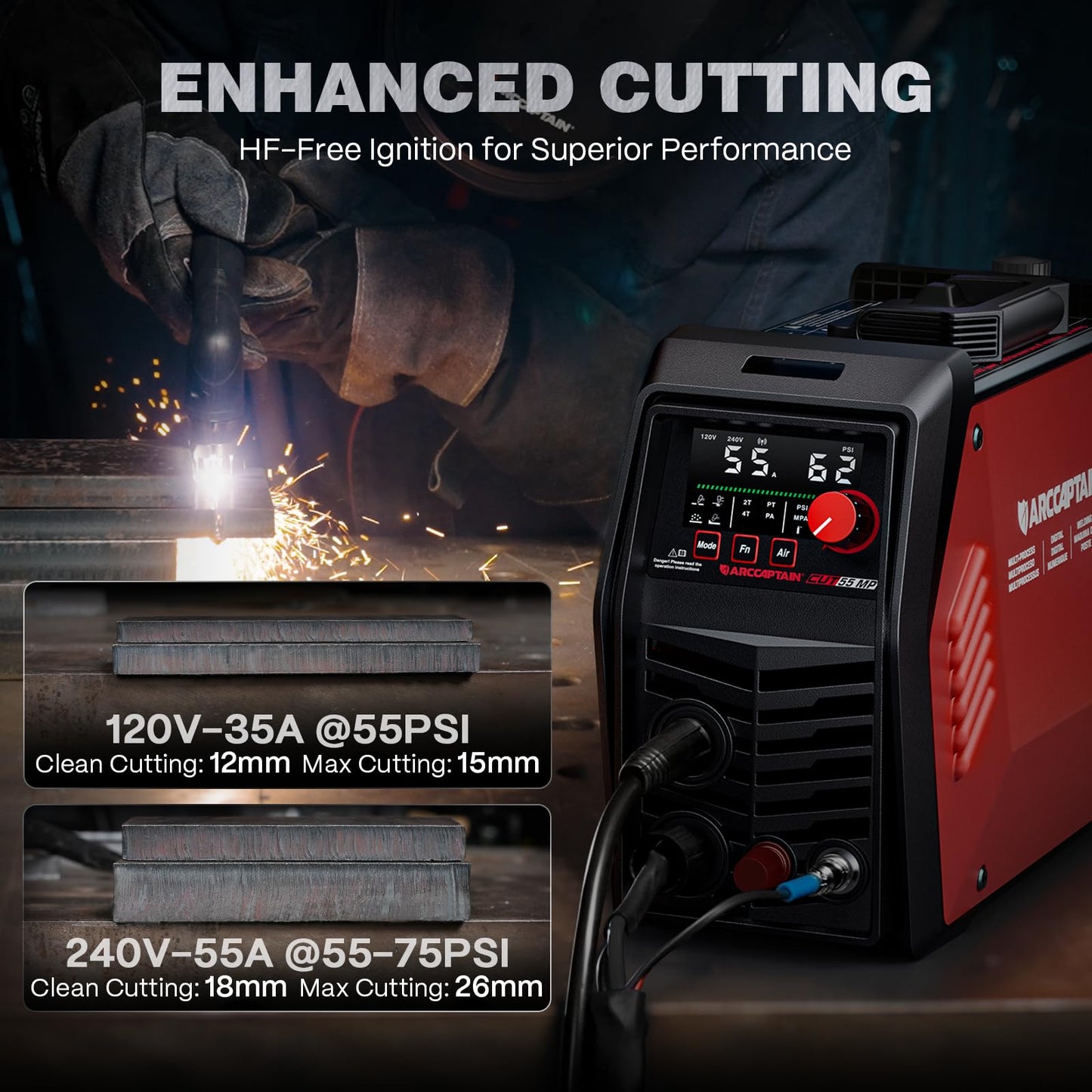 ARCCAPTAIN iControl [Non-HF] Plasma Cutter CUT55 MP & 40Amp 40ft Welder Extension Cord 8 AWG