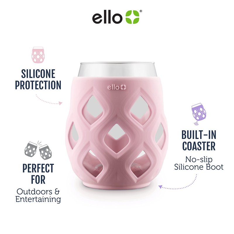 Ello Cru 17oz Stemless Wine Glass Set with Protective Silicone Sleeves, 4 Pack Cocktail Glass Perfect for Summer Patios and Parties Holiday Gifting Her Him Mother's Day, Dishwasher Safe, Cashmere Pink