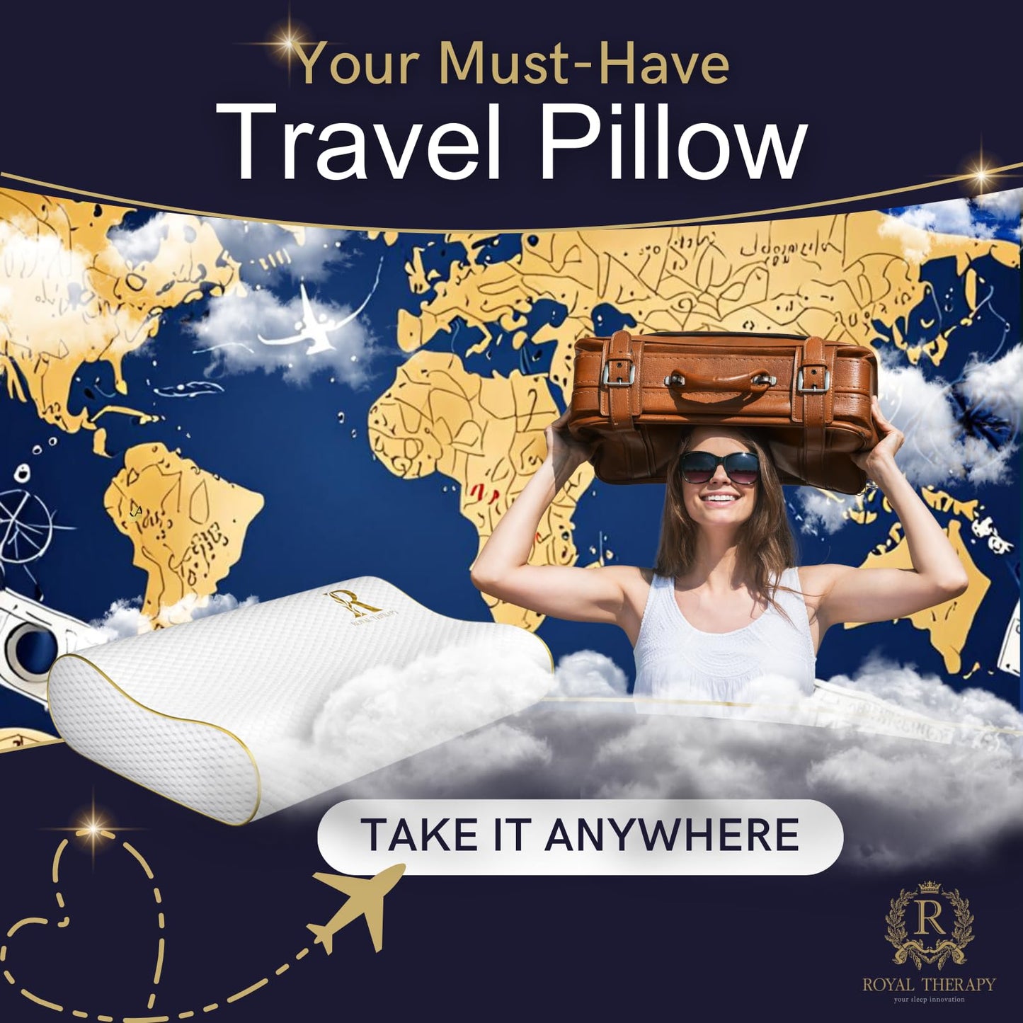 Royal Therapy Travel Memory Foam Pillow, Camping, Cervical for Pain, Contour Pillow, Shoulder Pain, Neck Pain Pillow