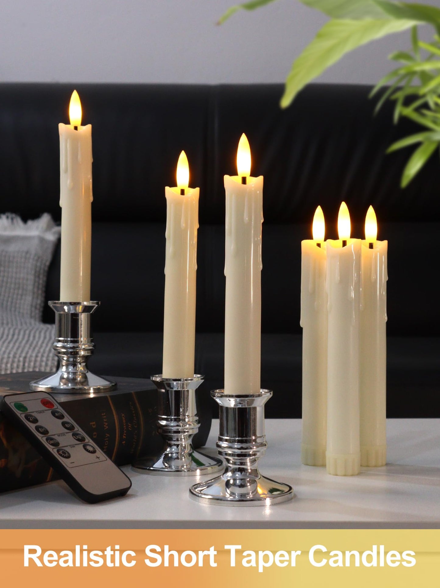 Warmhere 12 Pcs Short Flameless Taper Candles with Remote Timer, 6" Fake Taper Candles Battery Operated, Flickering 3D Flame, Ivory Plastic LED Candlesticks for Home Wedding Party Holiday Decor