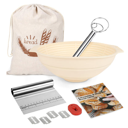 ORANGAROOS Sourdough Baking Supplies Kit Including 9 inch Round Silicone Banneton Basket, Dough Scraper, Bread Lame, Danish Whisk and Bread Bag;Proofing Basket Set for Home Bakers