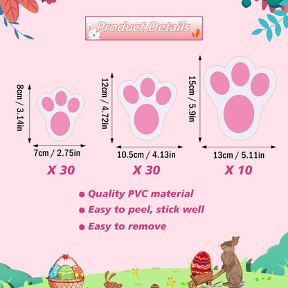 Wonmon 70PCS Removable Easter Bunny Paw Prints Stickers, 3 Size Easter Bunny Feet Stickers Rabbit Paw Decal Bunny Paw Print Clings for Home Office Classroom Floor Easter Party Decorations