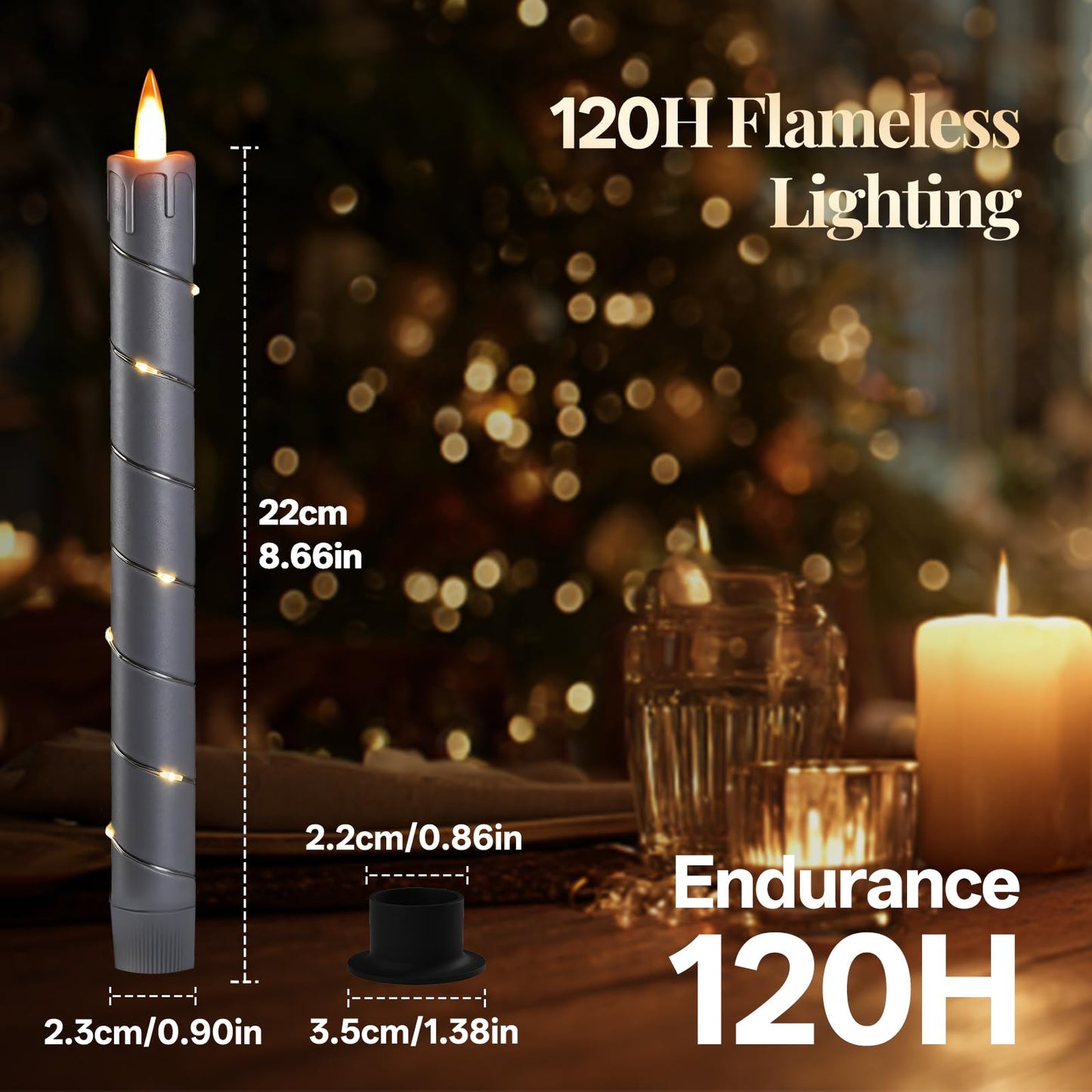 Rlojru 3PCS Flameless Taper Candles Grey Black Battery Operated, with Embedded Fairy String Lights, LED Flickering Flame Candle, Remote Control,Timer for Wedding, Birthday Party, Prom, Home Decoration