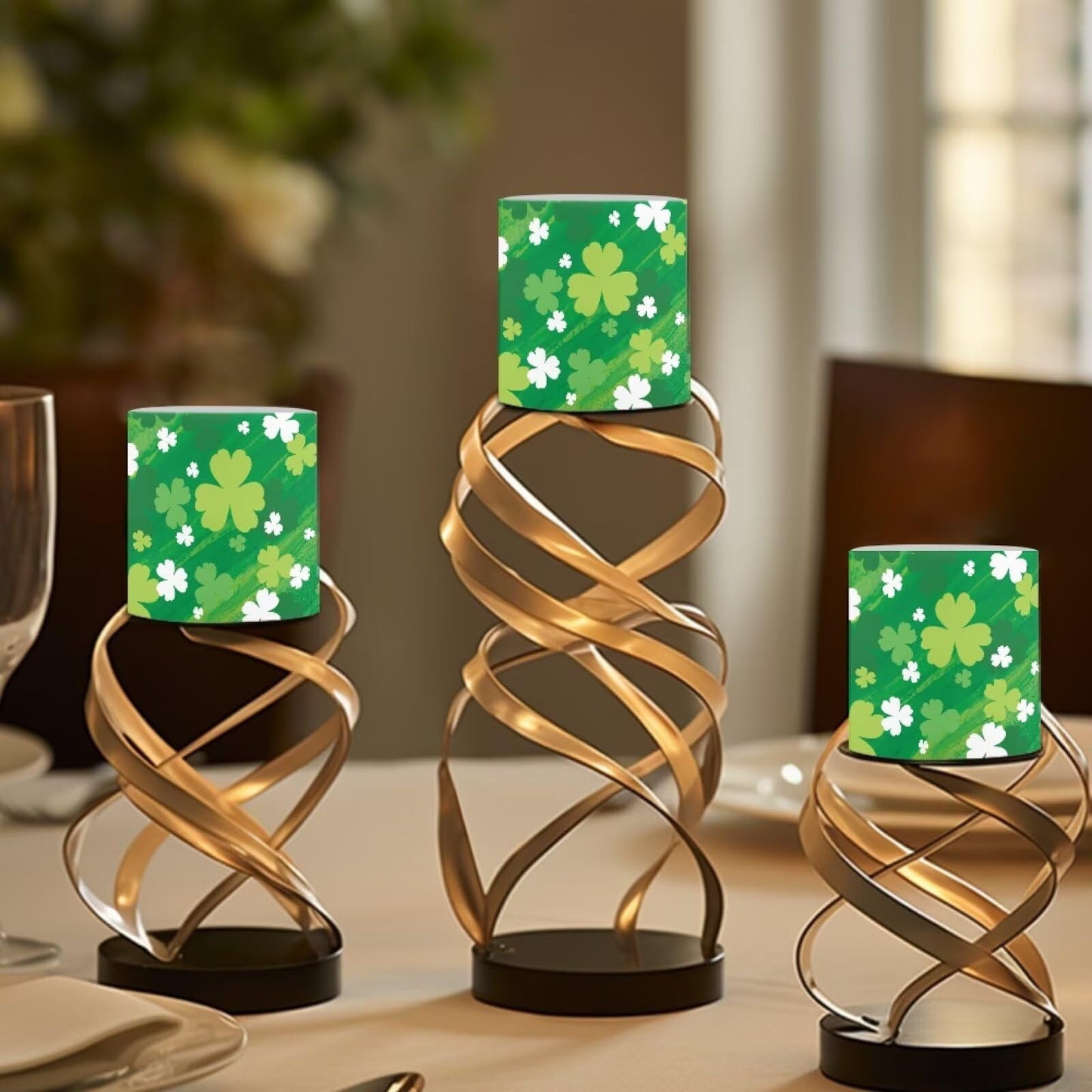 Merkmak Set of 4 Painting Shamrocks Flameless Candles Battery Operated LED Candles with Timer, St Patricks Day Real Wax Tea Lights for Patio Porch Party Home Decorations