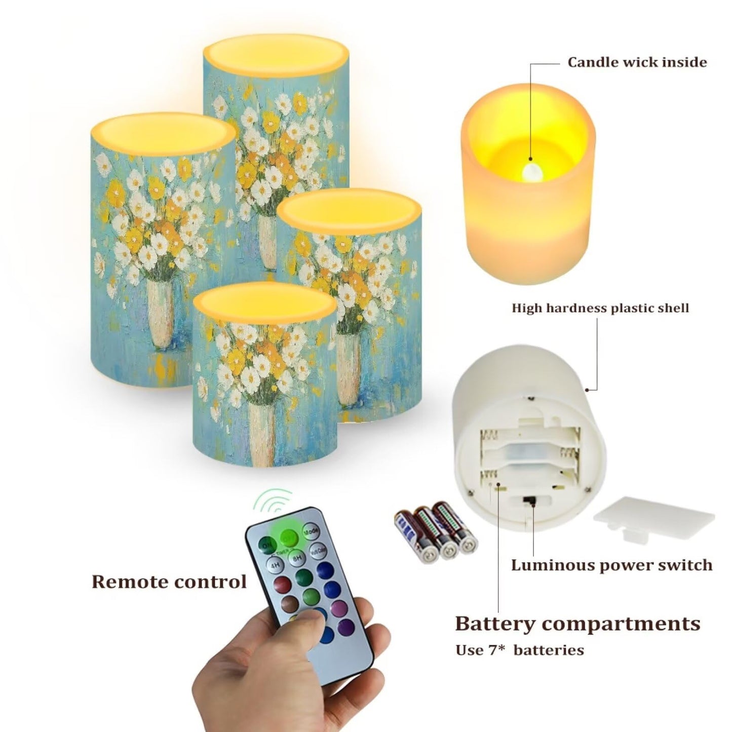 Cozeyat Oil Painting Flower Flameless Candles 4 Pack Battery Operated LED Pillar Candles with Remote Control Timer Color Changing for Indoor Outdoor Home Wedding