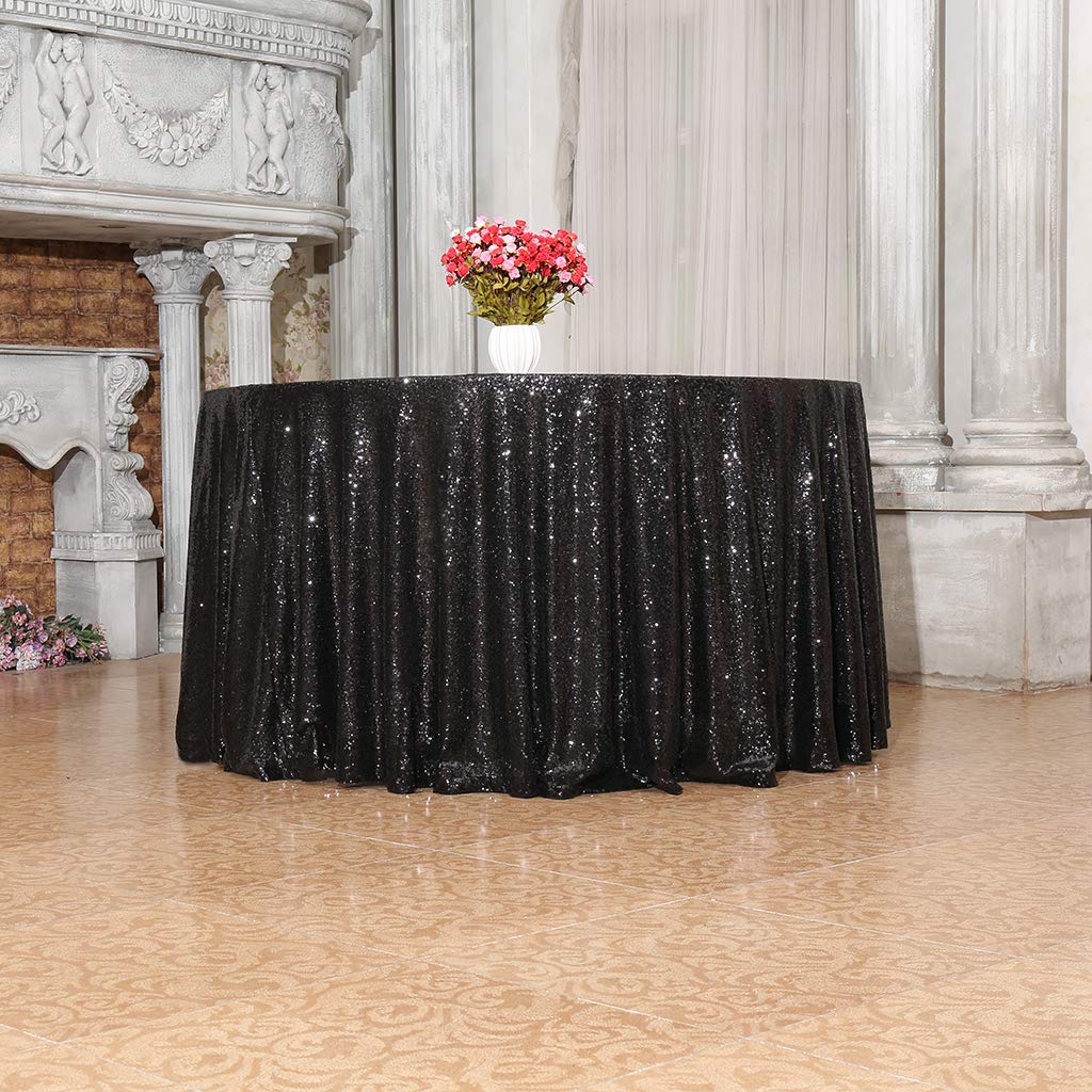 Juya Delight 120-Inch Round Black Sequin Tablecloth for Wedding Birthday Party Festival Ceremony Dessert Table