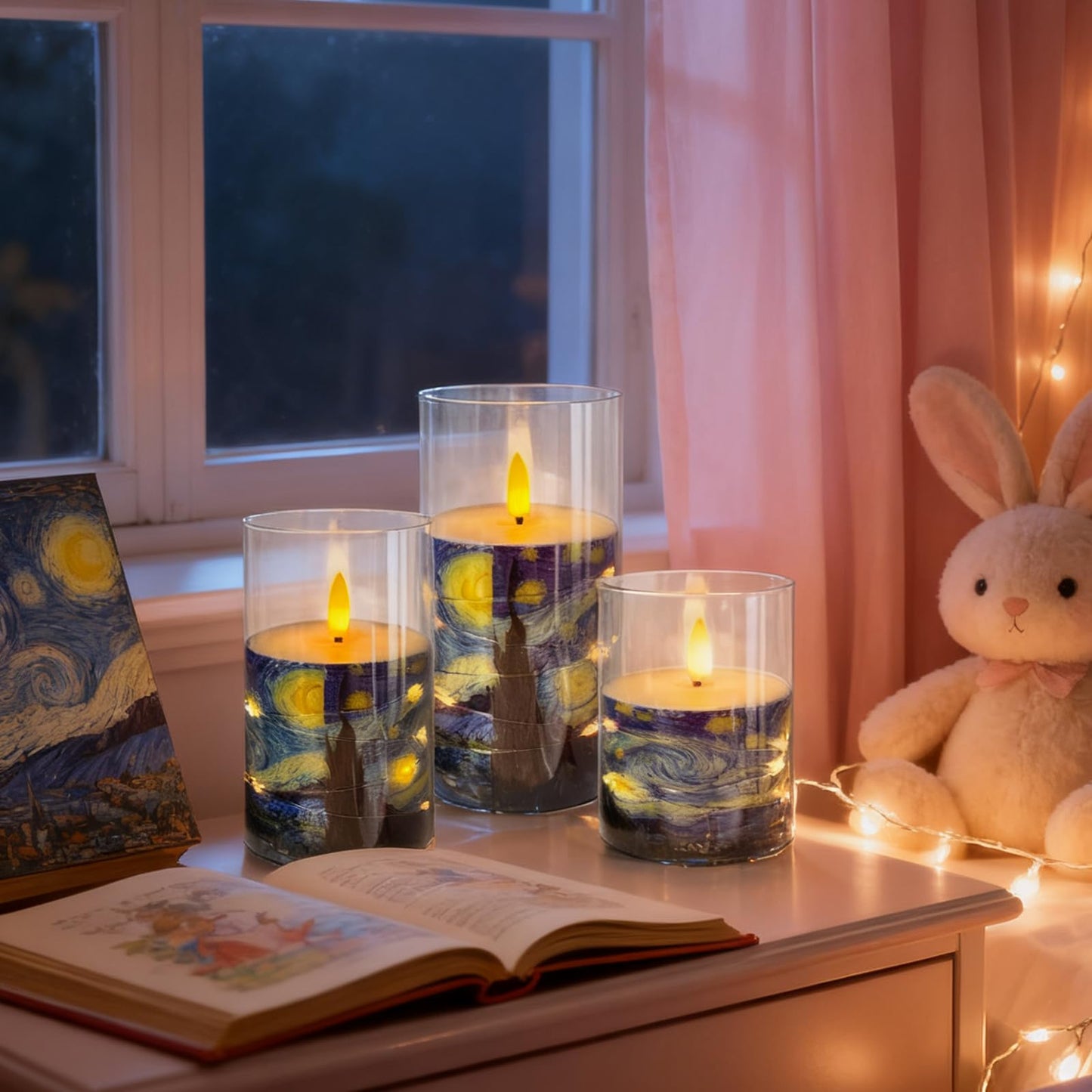 NjaoHoo Flickering Flameless Candles, Recessed String Light LED Candles Acrylic Battery Operated LED Pillar Candles Van Gogh Art Painting Style for Home Decor Set of 3(Starry Night Printed)