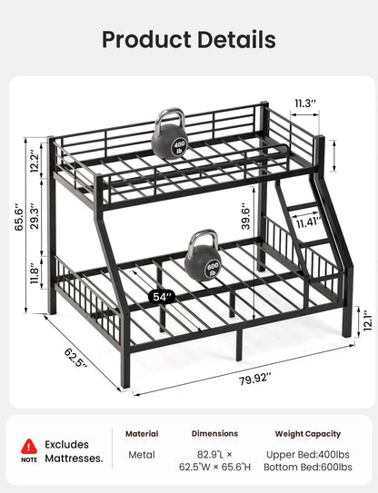 Mixcous Twin XL Over Queen Bunk Bed, Heavy Duty Queen Bunk Bed for Adults, Metal Bed Frame with Full-Length Guardrails & EVA Padded Anti-Slip Ladder, No Box Spring Needed, Black