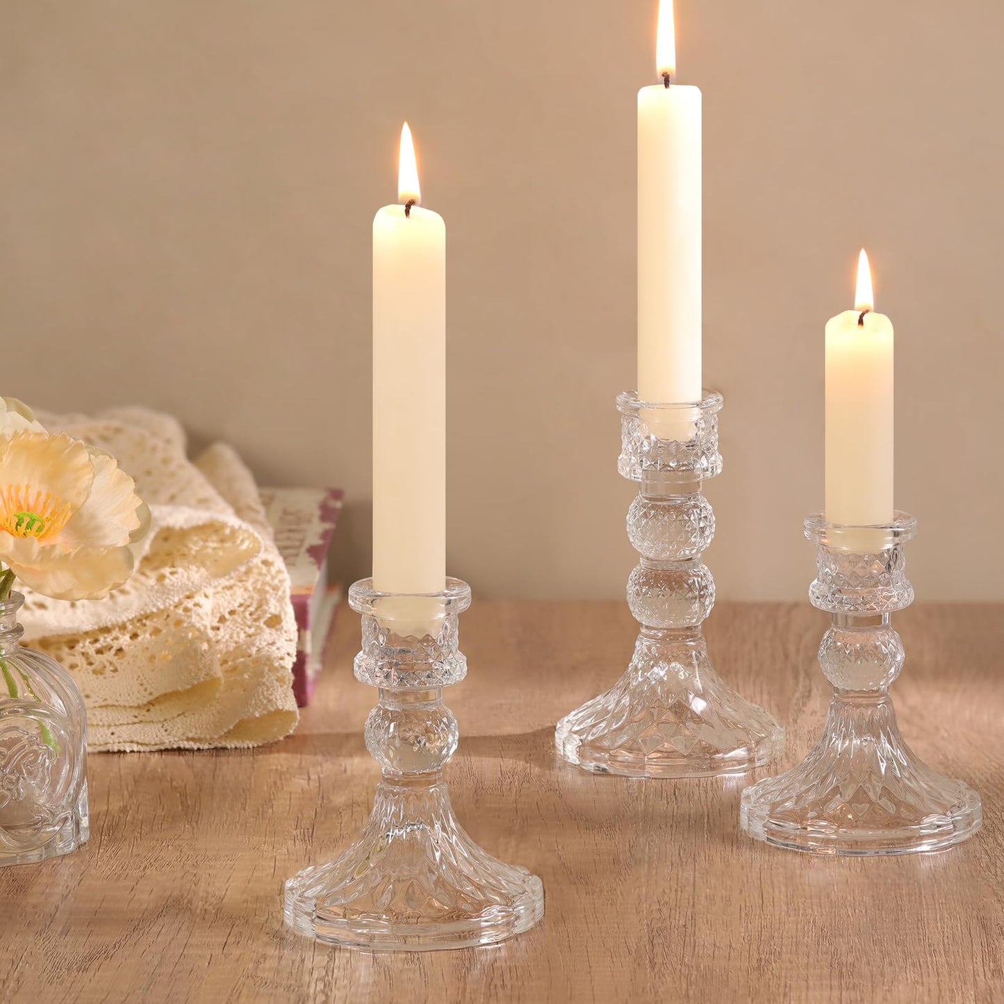 DARJEN Clear Glass Candlestick Holders Set of 6, 4" H & 5" H Taper Candle Holders for Candlesticks & Pillar Candles, Diamond Candle Holders for Wedding Party Table Centerpiece, Home Decor