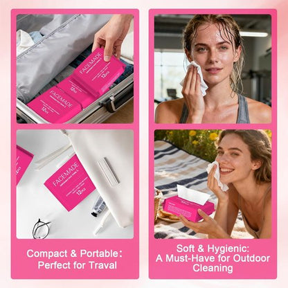FACEMADE Disposable Travel Towels - 100% Biobased Face Towels, Super Soft & Thick - 48 Count (4 Packs)