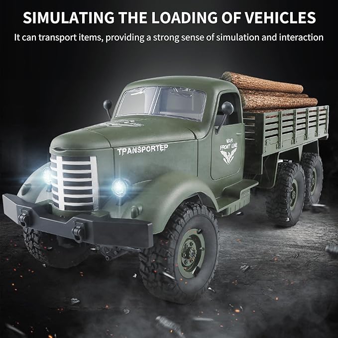 GoolRC RC Military Truck 1:16 Scale Remote Control Car 6WD RC Army Car All Terrain Off-Road RC Truck 2.4GHz Electric Military Transporter Vehicle with Headlights for Adults