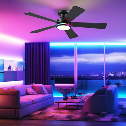 BYKISTOK 46In RGB Ceiling Fans with Lights - Black Flush Mount Ceiling Fan Light with Remote/APP, RGB+3CCT 6 Wind Speeds, Modern Low Profile Fan Light Fixture for Party, Kid's Room