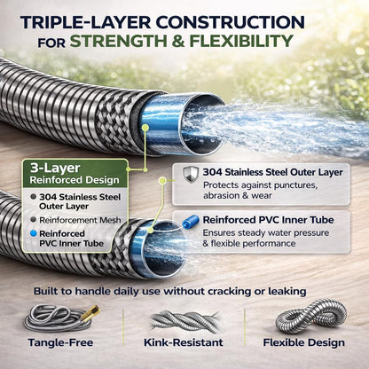 Holldoor Metal Garden Hose 25 ft – 304 Stainless Steel Water Hose with Nozzle Sprayer, Garden Hoses Flexible, Lightweight, No Kink, Heavy Duty for Outdoor (25 ft)