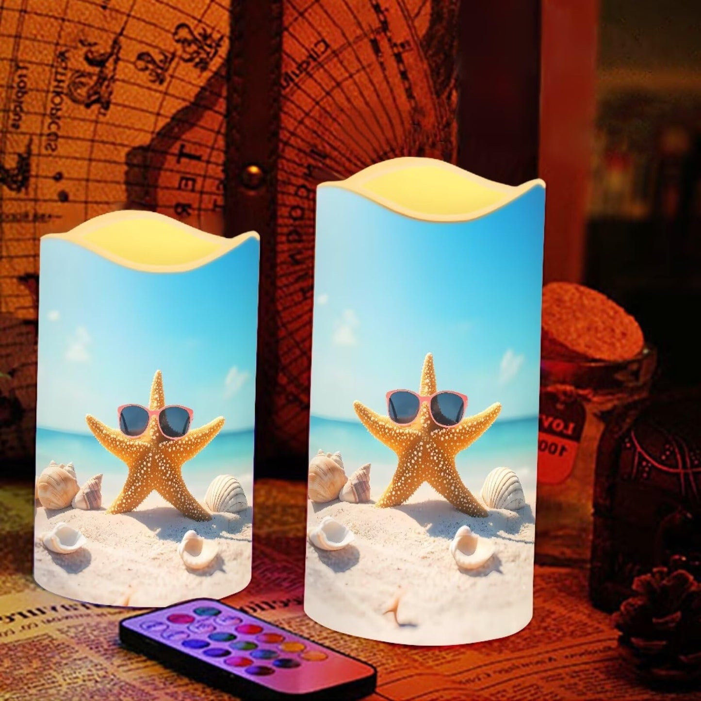 Cozeyat Ocean Turtle Flameless Candles Set of 4 Battery Powered LED Pillar Candles with Remote Timer Flickering for Indoor Outdoor Home Garden Beach