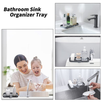 MicoYang Silicone Bathroom Soap Dishes with Drain Spout-Bathroom and Kitchen Sink Organizer,Sponge Holder,Dish Soap Tray,Perfect for Dispenser,Scrubber,Bottle,Cup on Sink or Counter-Grey 9.6"×5.3"