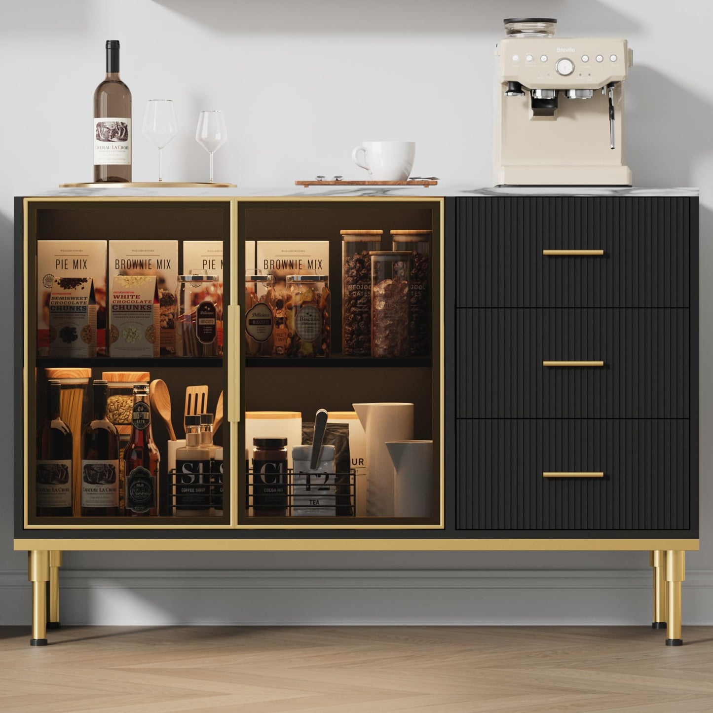 GAOMON Buffet Sideboard Cabinet with Storage, 46.4" Large Fluted Kitchen Sideboard Cabinet with 2 Glass Doors 3 Drawers and Shelves, Faux Marble Top Buffet Table for Dining Room, Living Room, Black