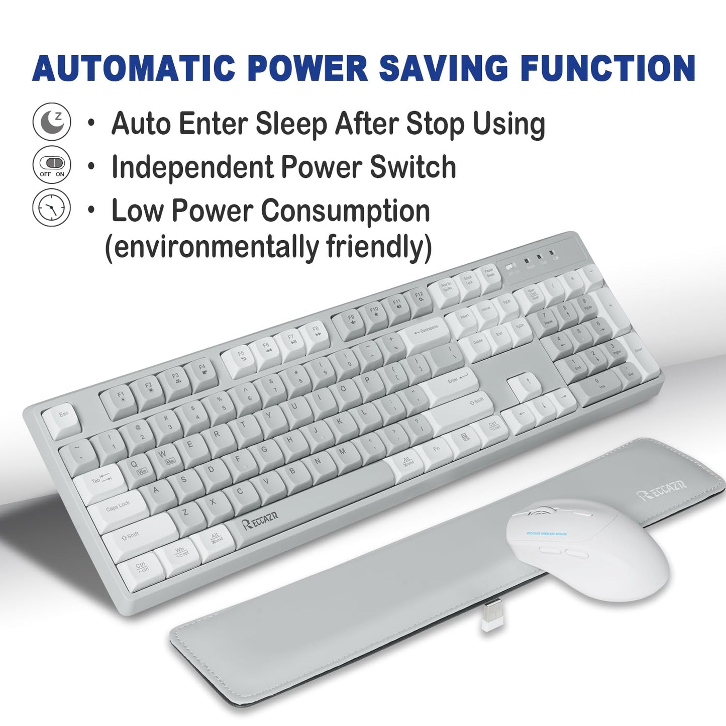 RECCAZR Wireless Keyboard and Mouse Combo with Wrist Rest, 2.4G Full-Sized Keyboard and Mouse Cordless, 3 DPI Adjustable Silent Mouse, Dual-System Keyboard for Computer/Laptop/Windows/Mac