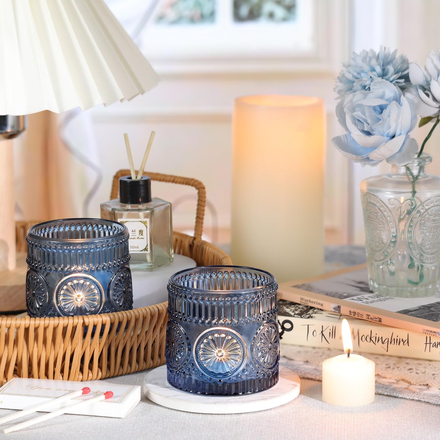 Sunnyfuture 6Pcs Large Votive Candle Holders Blue Glass Tealight Candle Holders for Wedding, Table Centerpiece, Party, Birthday, Home Decor