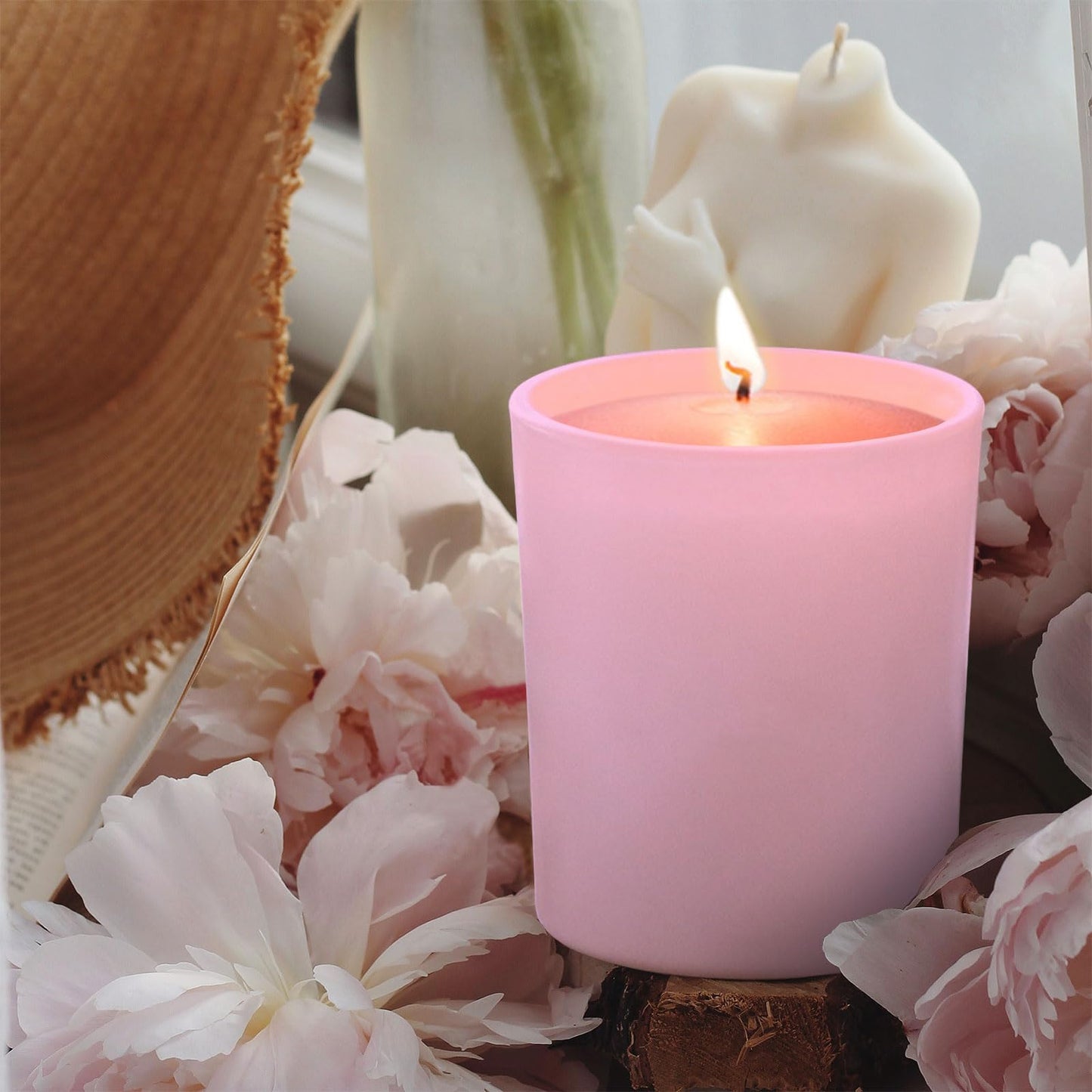 SHOWIN 10 OZ Thick Candle Jars for Making Candles 15 Pcs, Empty Jars with Wood Lids for Candle Making, Sample Container, Matte Pink