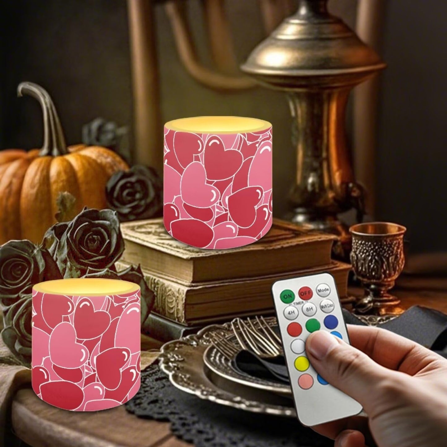 Merkmak Pack of 4 Full Heart Print Flameless Candles with Remote Battery Operated Candles with Timer Waterproof Flameless Pillar Tea Lights for Valentines Day Wedding Home Decorations