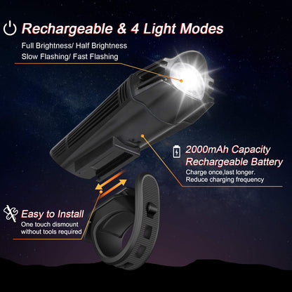 Ascher Ultra Bright USB Rechargeable Bike Light Set, Powerful Bicycle Front Headlight and Back Taillight, 4 Light Modes, Easy to Install for Men Women Kids Road Mountain Cycling Black