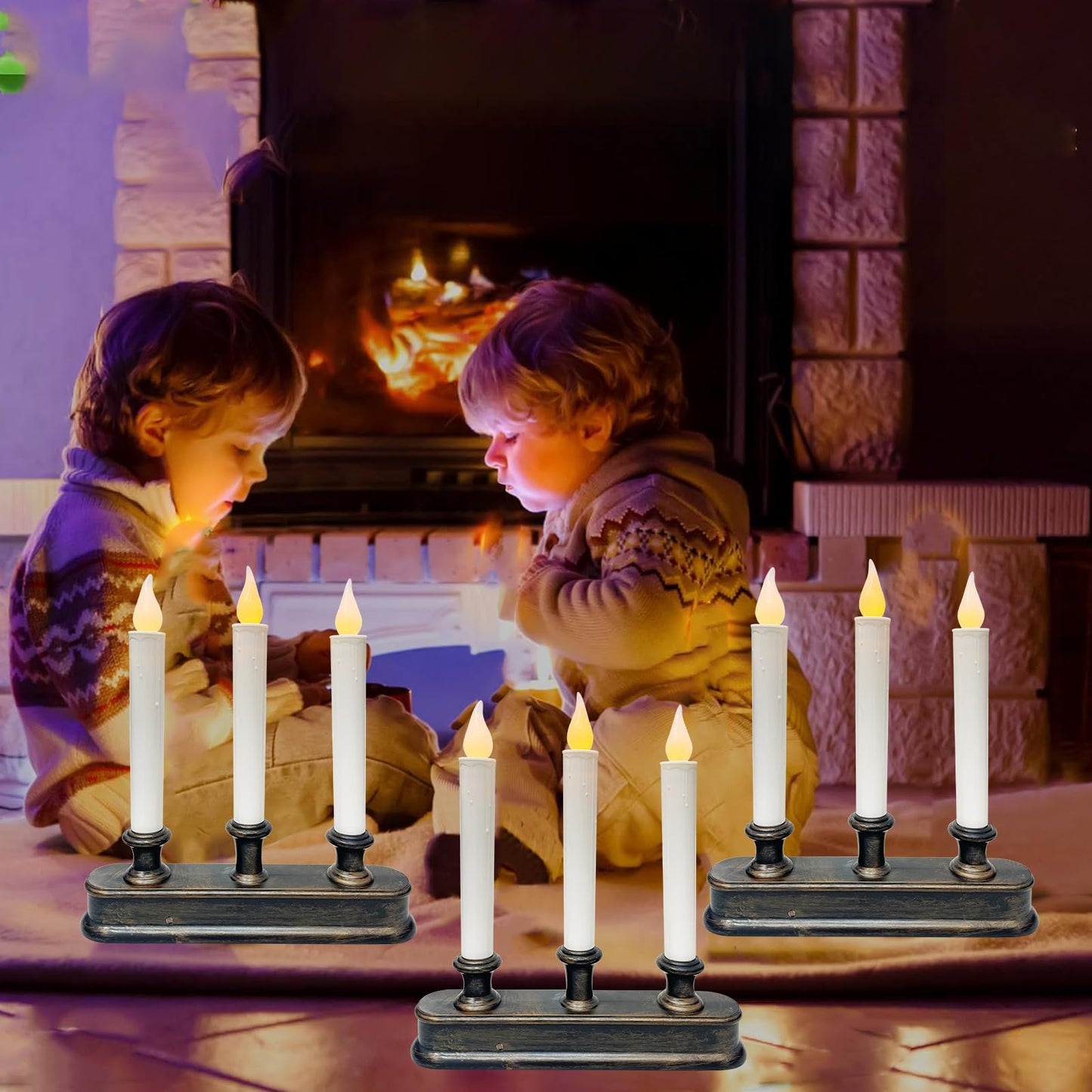 Christmas Window Candle - 3 Light Battery Operated LED Window Candelabra with Dusk to Dawn Light Sensor, Flicker Flameless Candle Lamps for Home Table Party Christmas Decoration, Bronze Base