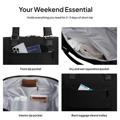 Travel Duffle Bag for Women,40L Weekender Bags Airline Approved Carry On with Shoe Compartment & Waterproof Wet Pocket, Durable Nylon Weekender Overnight Bag for Travel, Gym, Business Trip, Black