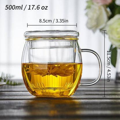 DOPUDO Glass Tea Cup with Infuser and Lid, 17oz/500ml Large Borosilicate Teacup for Loose Leaf Tea, Blooming Tea