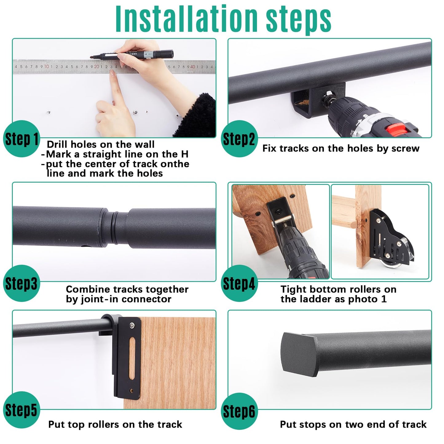 Zonon 10 ft Rolling Library Ladder Hardware Kit Includes Telescope Hook for Sliding Library Ladder 300lb Bottom Wheel with Brake Load Capacity for Stair Bookshelf Fit Thickness 1-1/8" Stepladder