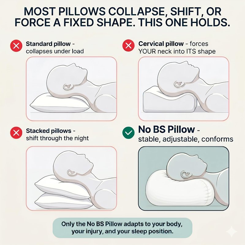 No BS Pillow™ - Adjustable Post-Injury/Surgery Neck Support Pillow, Cervical Spine & Shoulder Recovery Pillow, Customizable Loft for Neck Pain, Side/Back/Stomach Sleepers