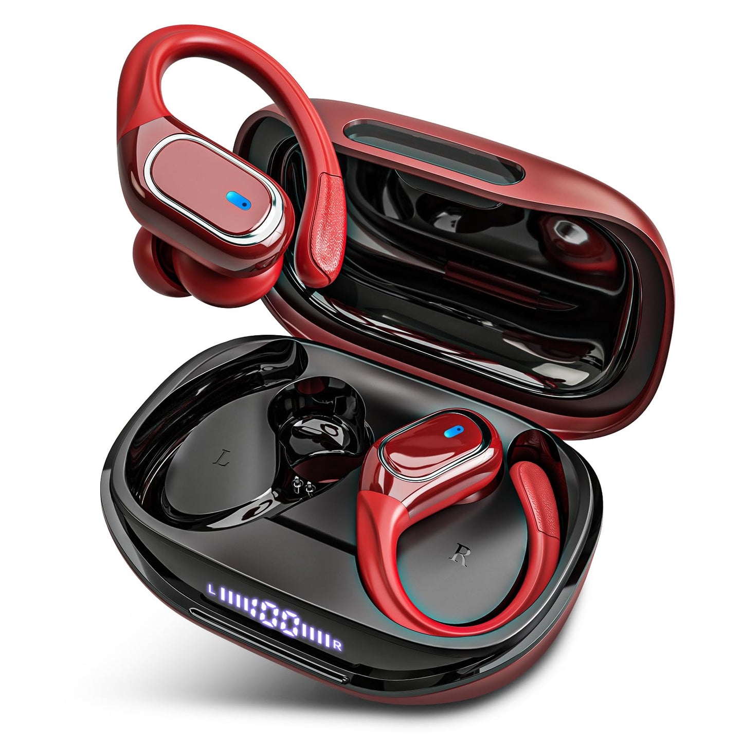 HAOYUYAN Wireless Earbuds Bluetooth 5.3 Headphones with 80H Playback, IPX7 Waterproof Over Ear Buds with LED Power Display for Sports Running Workouts（Cola Red）